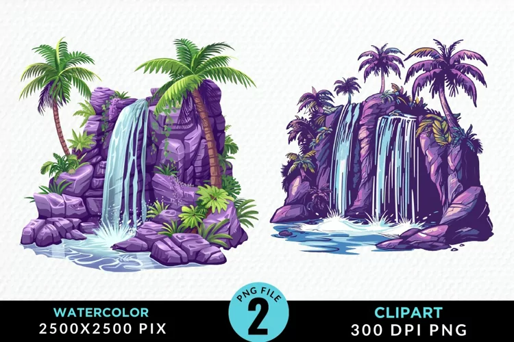 Watercolor Tropical Waterfalls Exquisite Clipart