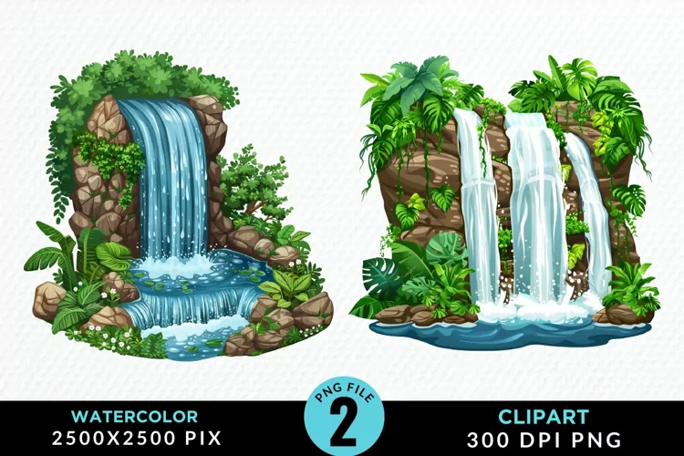 Watercolor Tropical Waterfalls Graphic Clipart