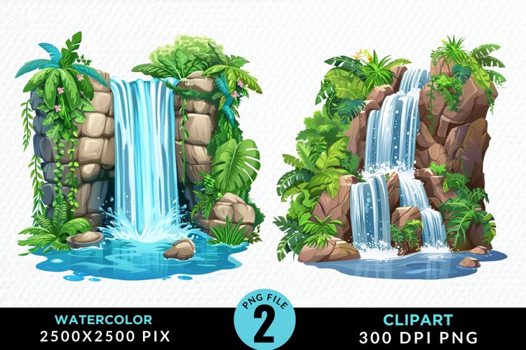 Watercolor Tropical Waterfalls Graphic Clipart