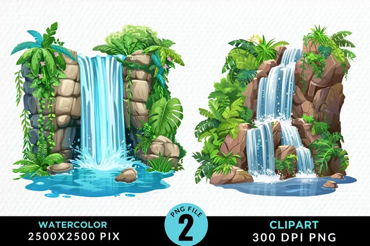 Watercolor Tropical Waterfalls Graphic Clipart