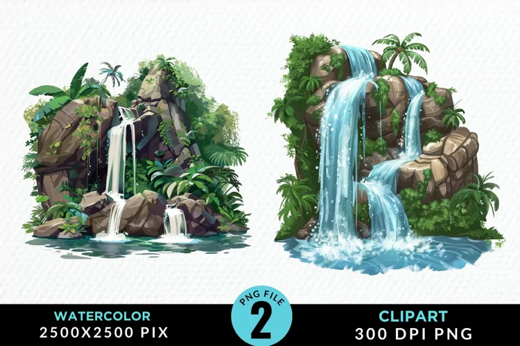 Watercolor Tropical Waterfalls Graphic Clipart