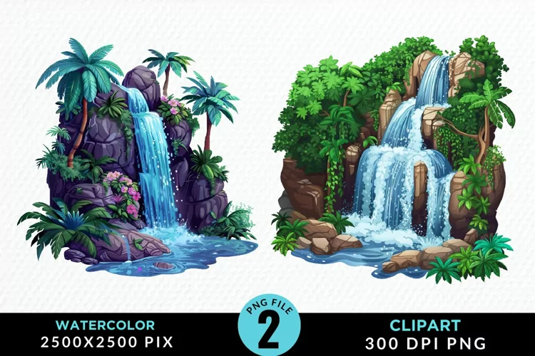 Watercolor Tropical Waterfalls Graphic Clipart