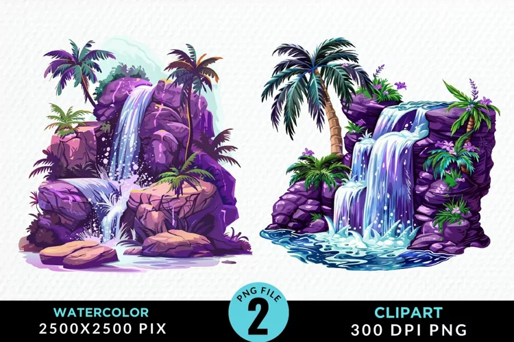 Watercolor Tropical Waterfalls Exquisite Clipart