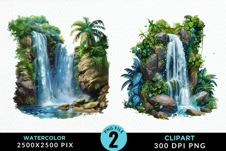 Watercolor Tropical Waterfalls Graphic Clipart