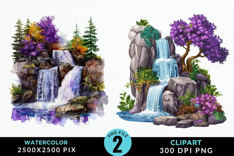Watercolor Tropical Waterfalls Graphic Clipart