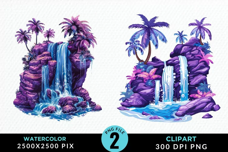 Watercolor Tropical Waterfalls Graphic Clipart