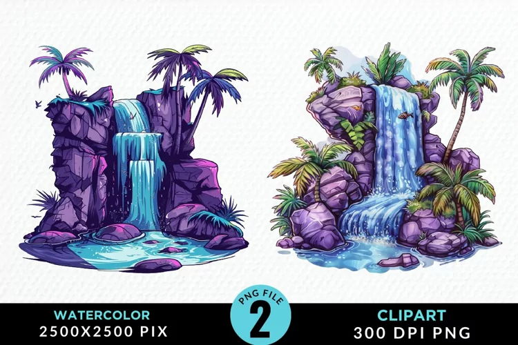 Watercolor Tropical Waterfalls Graphic Clipart