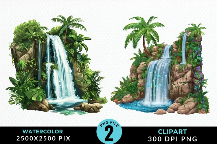 Watercolor Tropical Waterfalls Graphic Clipart