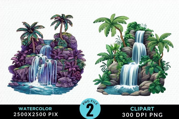 Watercolor Tropical Waterfalls Graphic Clipart