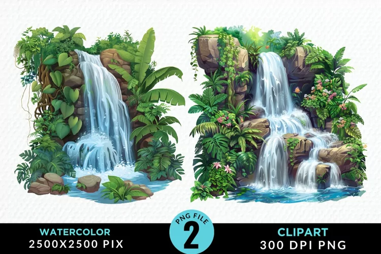 Watercolor Tropical Waterfalls Graphic Clipart