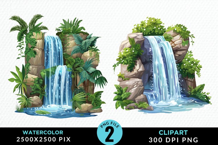 Watercolor Tropical Waterfalls Graphic Clipart example image 1