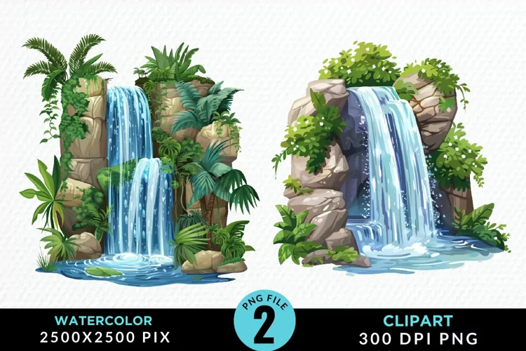 Watercolor Tropical Waterfalls Graphic Clipart