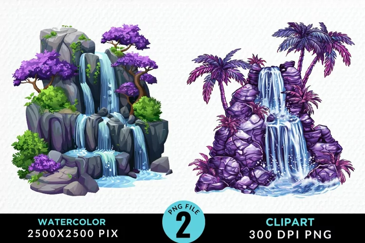 Watercolor Tropical Waterfalls Graphic Clipart
