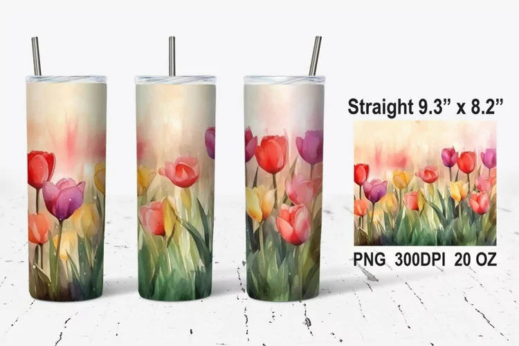 Watercolor Tulip Flowers Tumbler Wrap, Flowers Tumbler Wrap
