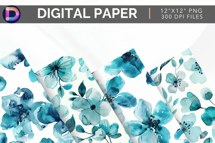 Watercolor Turquoise Flowers Pattern Digital Paper
