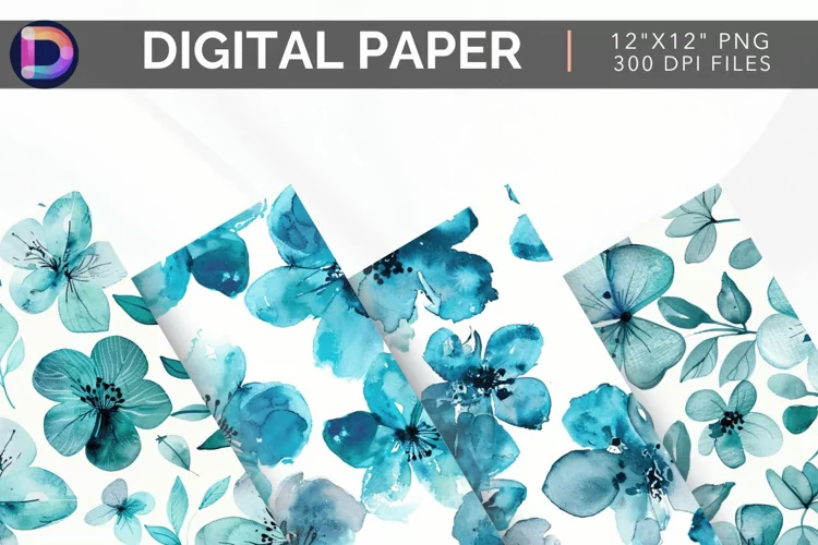 Watercolor Turquoise Flowers Pattern Digital Paper