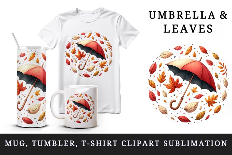 Watercolor umbrella surrounded by autumn falling leaves fall print 20 oz tumbler skinny mug wrap clipart t-shirt sublimation printable design