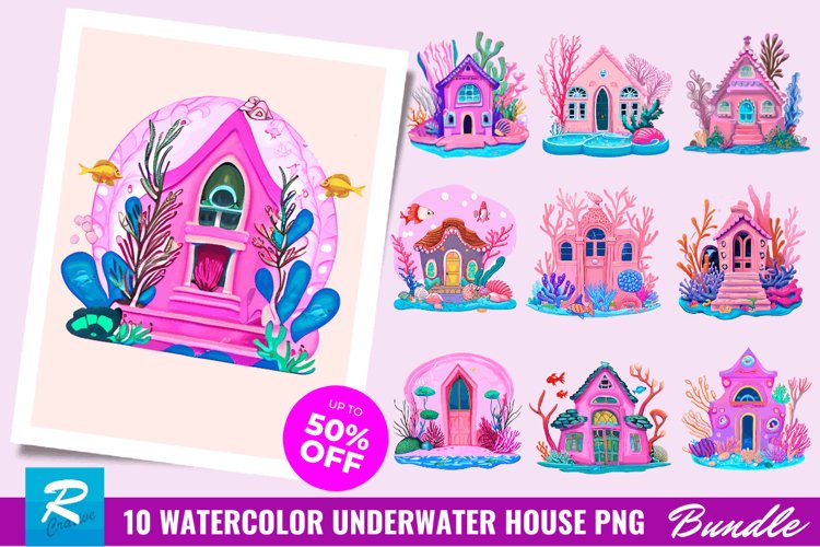 10 Watercolor Underwater House Clipart Bundle