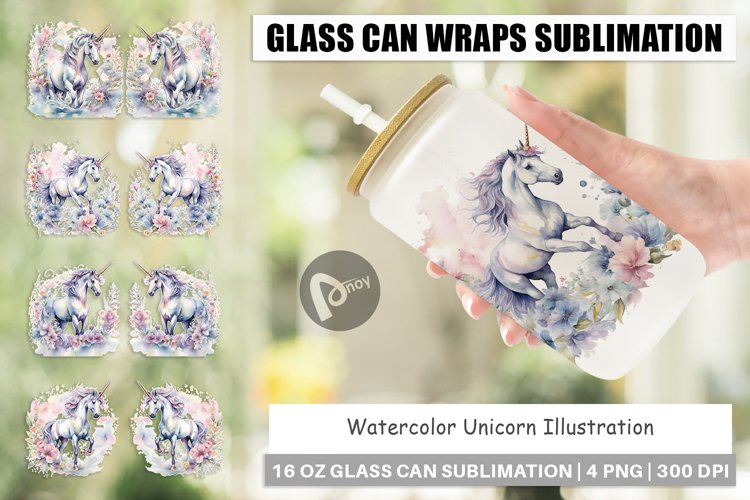 Glass Can Wraps Watercolor Unicorn