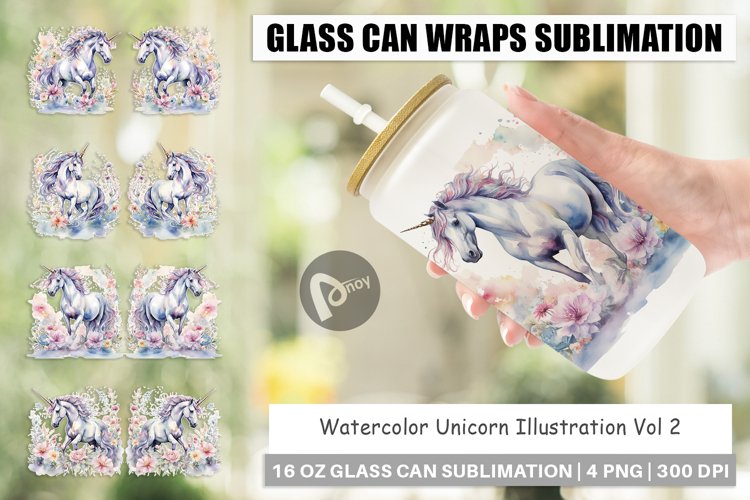 Glass Can Wraps Watercolor Unicorn