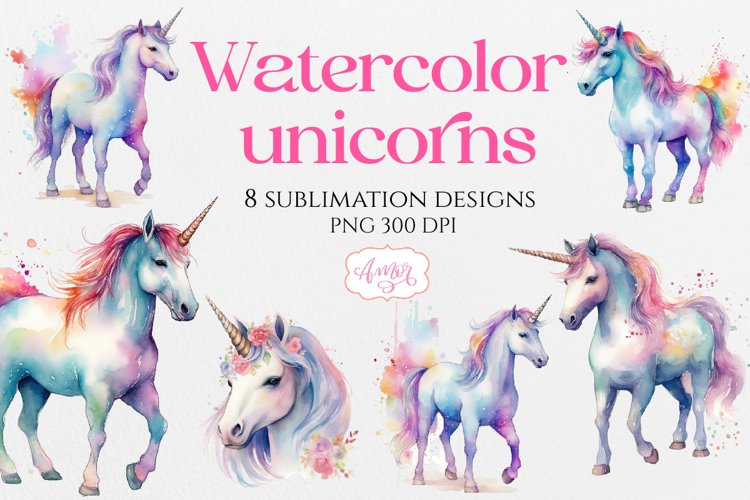 Watercolor unicorn PNG for sublimation BUNDLE