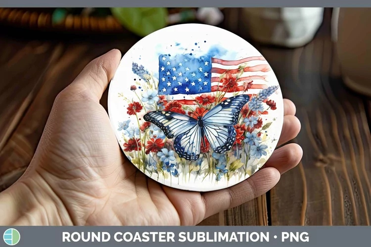 Watercolor USA Flag Round Coaster | Sublimation Coaster Desi