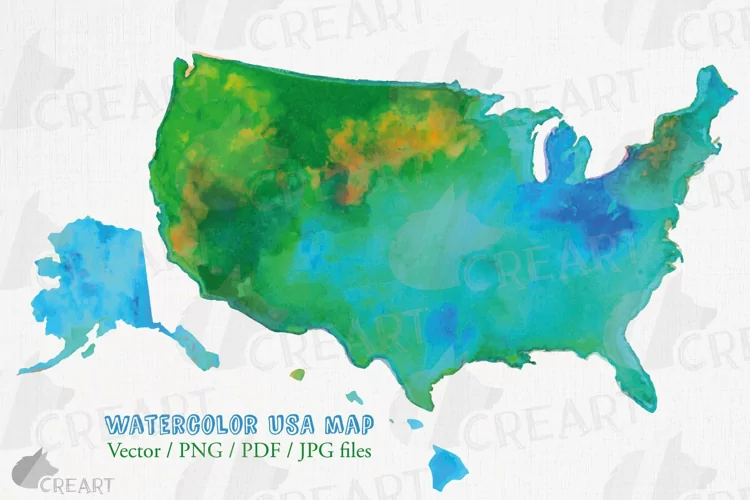 Green and blue United States map clipart incl. Hawaii Alaska