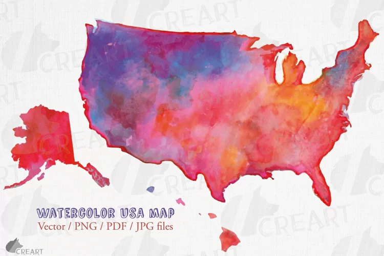 Watercolor United States map clipart incl. Hawaii and Alaska