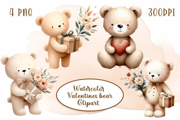 Watercolor cute baby bear clipart, valentines boho Animals