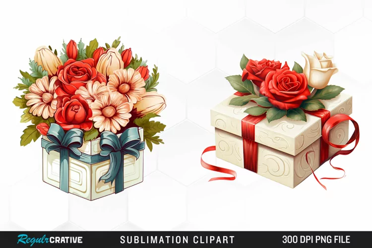 Valentines Gift Box With Flower Clipart