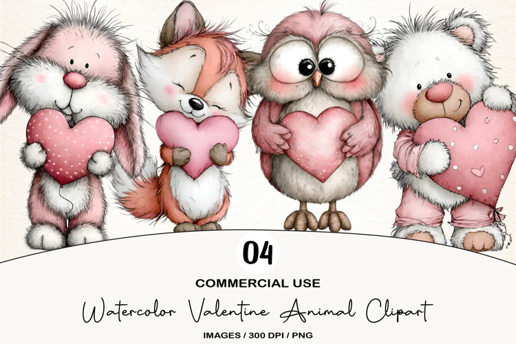 Watercolor Valentine Animal Clipart