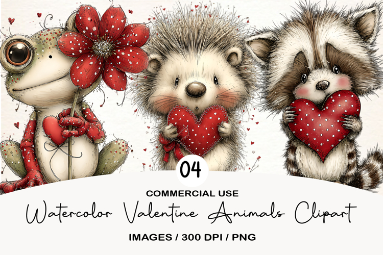 Watercolor Valentine Animals Clipart