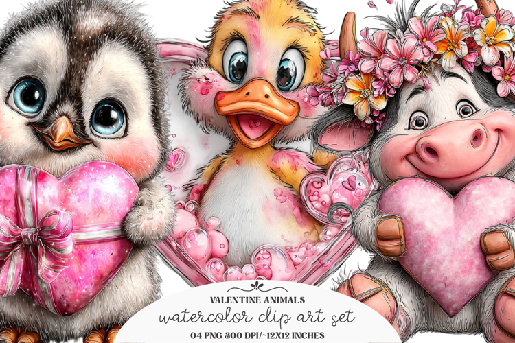 Watercolor Valentine Animals Clipart - Valentine Animals PNG