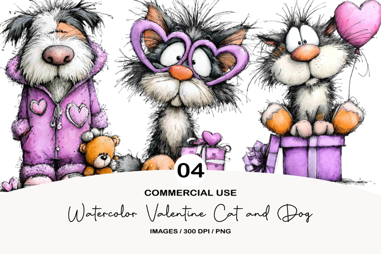 Watercolor Valentine Cat and Dog