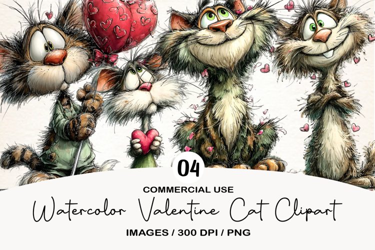 Watercolor Valentine Cat Clipart