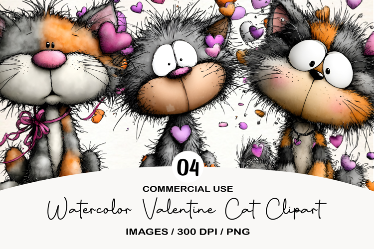 Watercolor Valentine Cat Clipart