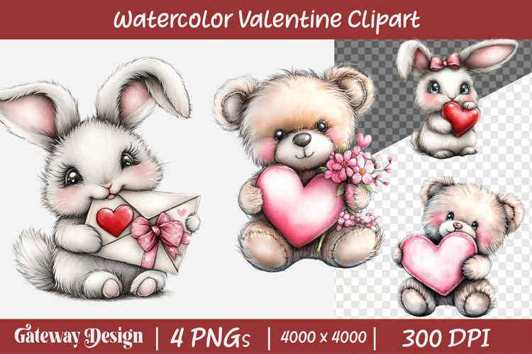 Watercolor Valentine Animal Clipart