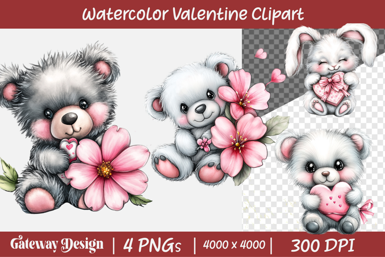 Watercolor Valentine Animal Clipart
