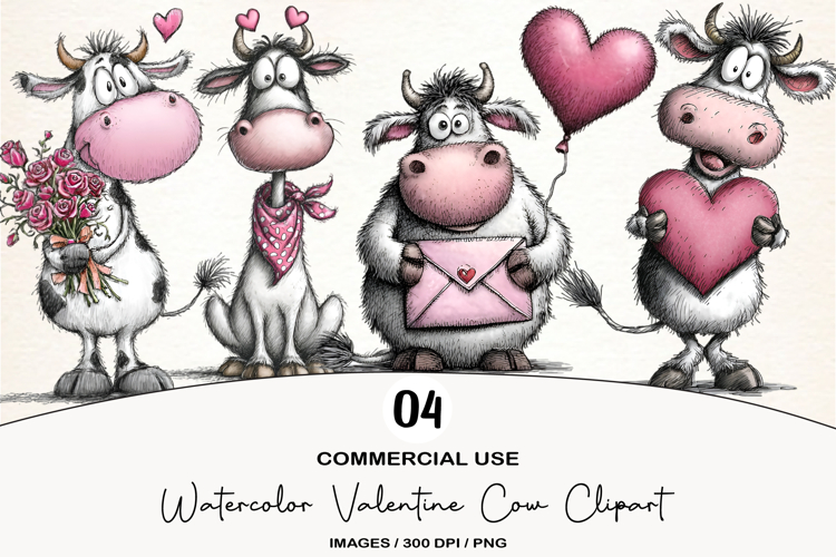 Watercolor Valentine Cow Clipart