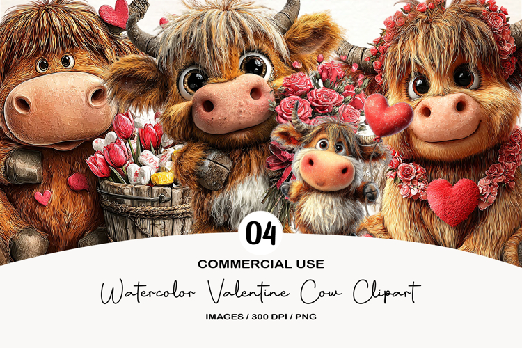 Watercolor Valentine Cow Clipart
