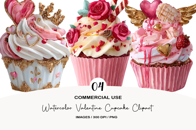 Watercolor Valentine Cupcake Clipart