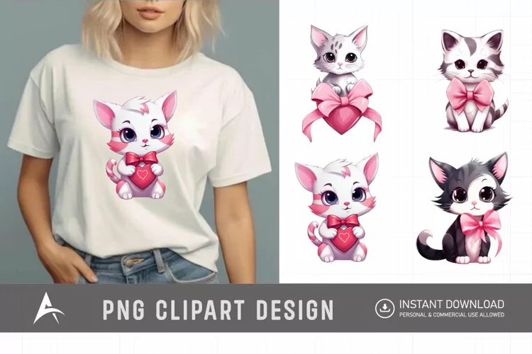 Watercolor Valentine Cute Kawaii Cat Clipart