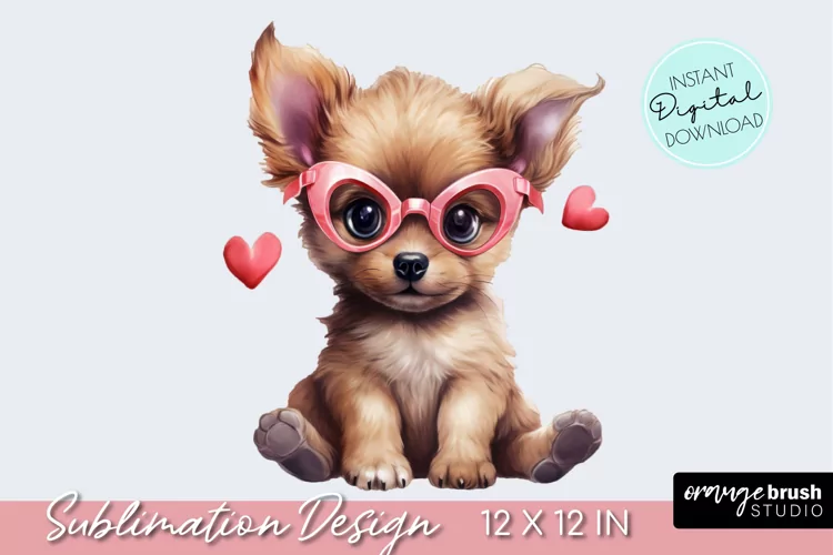 Watercolor Valentine Dog Sublimation Design, Puppy Clipart
