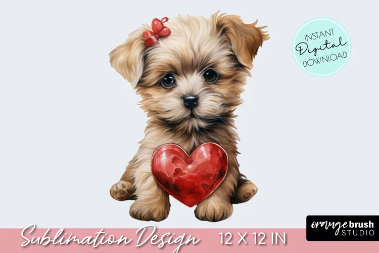 Watercolor Valentine Dog Sublimation, Puppy PNG Clipart