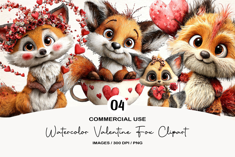 Watercolor Valentine Fox Clipart
