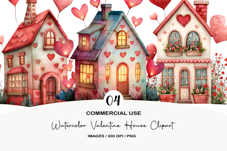Watercolor Valentine House Clipart