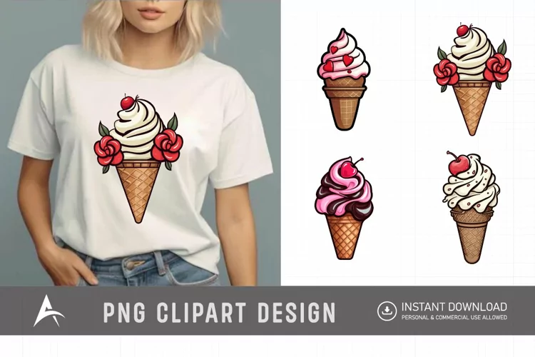 Watercolor Valentine Ice Cream Cone Clipart