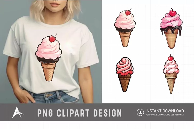 Watercolor Valentine Ice Cream Cone Clipart