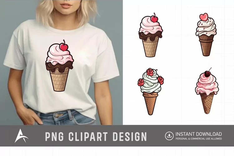 Watercolor Valentine Ice Cream Cone Clipart