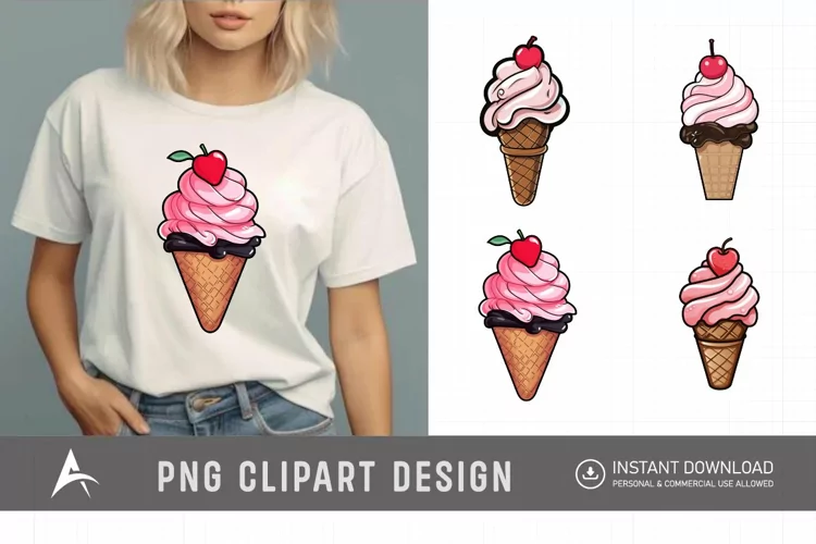 Watercolor Valentine Ice Cream Cone Clipart